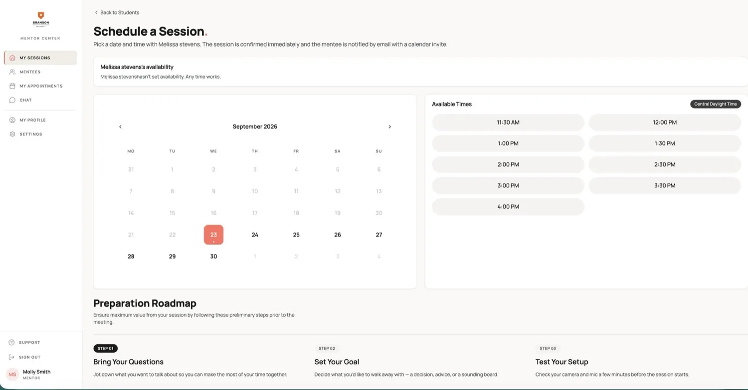 Schedule a Session page with a September calendar and available times