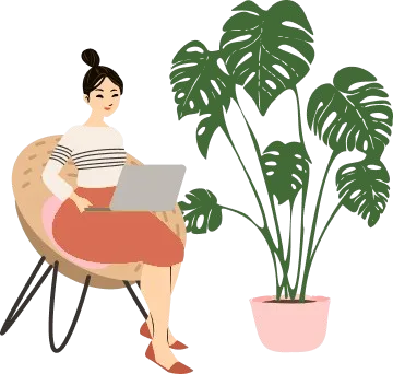 Illustration of a student working on a laptop beside a plant