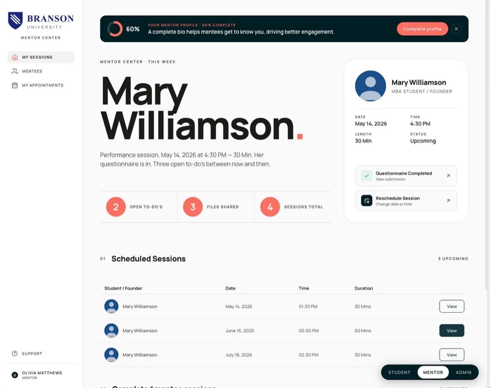 Mentor view: scheduled sessions and mentee details