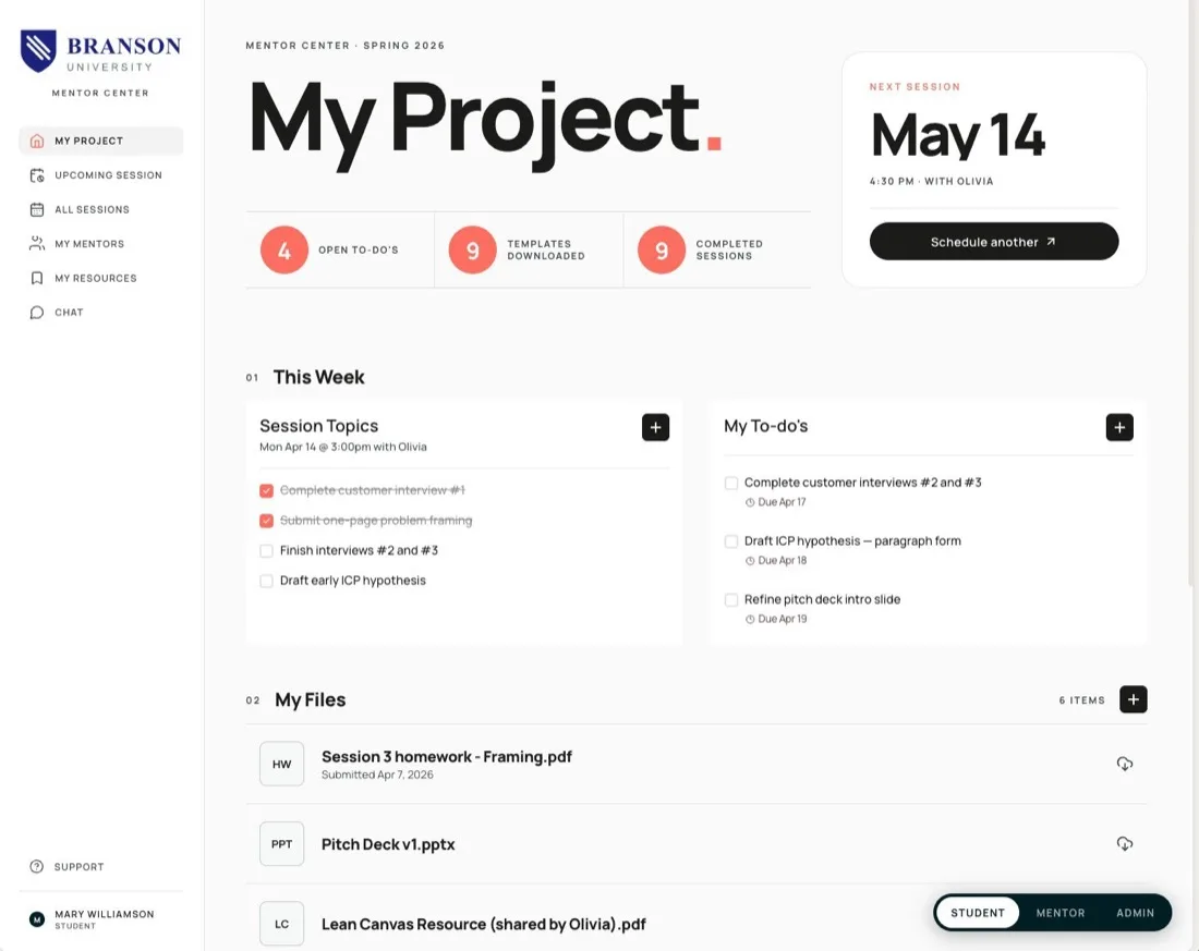 Student view: My Project dashboard with to-dos, files, and next session