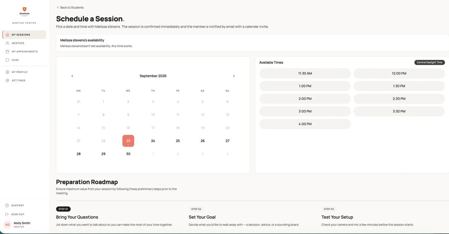 Schedule a Session page with a calendar and available times