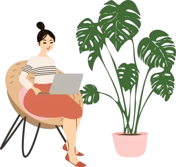 Illustration of a student working on a laptop beside a plant