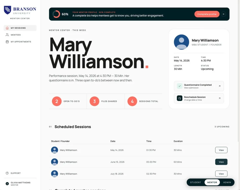 Mentor view: scheduled sessions and mentee details