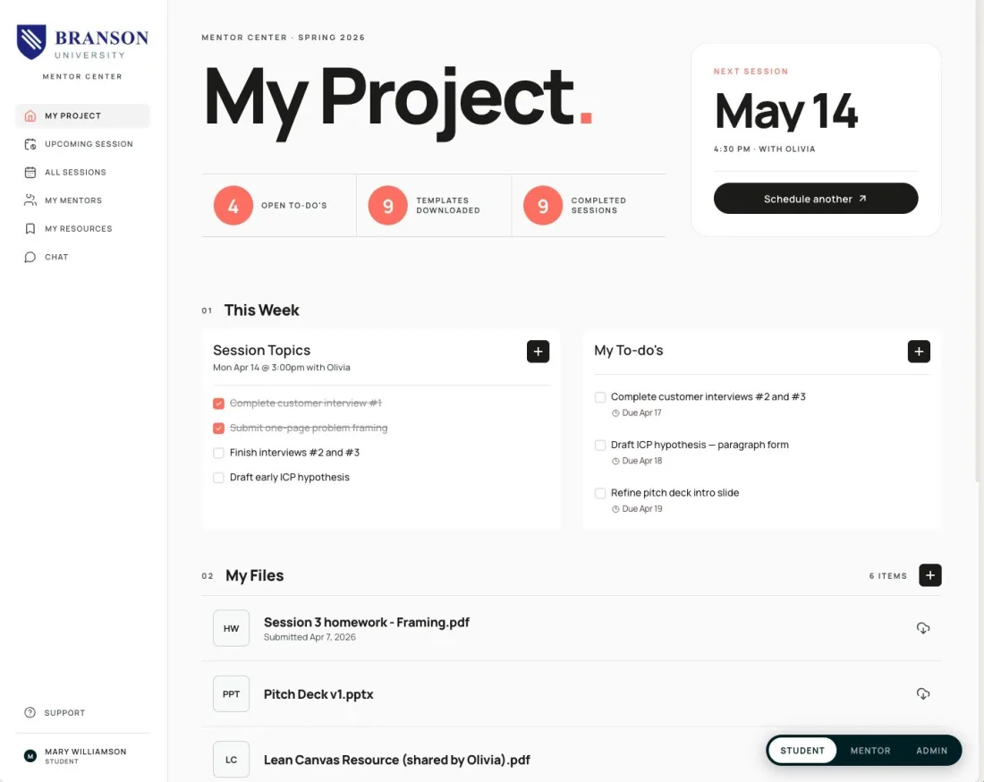 Student view: My Project dashboard with to-dos, files, and next session